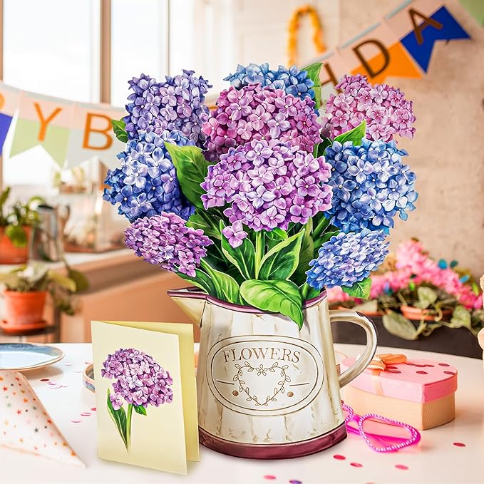 Pop Up Flower Cards, Pruple Nantucket Hydrangeas, 12inch Paper Flowers 3D Greeting Cards with Blank Note Card and Envelope for Birthday, Anniversary, Easter, Get Well Gifts Card for Women Kids