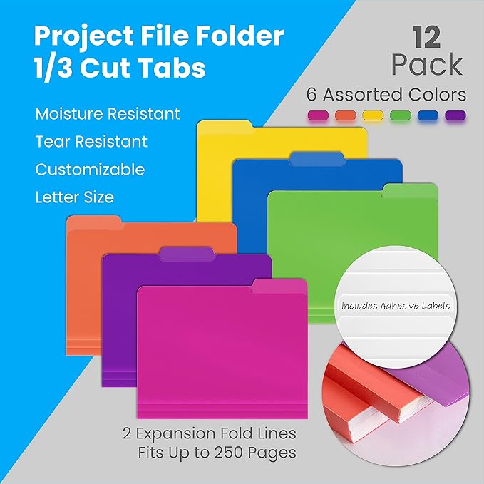 Better Office Products Heavyweight Poly File Folders, 1/3 Cut Tabs, 12 Pack, Assorted Colors, Letter Size, with Adhesive Labels,