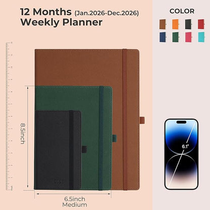 Weekly Monthly 2026 Planner (Jan.26-Dec.26),8.5"x6.5",12 Months Agenda Plan with Month Tabs & Pocket,Expenses/Note Pages, Appointment Book Calendar with Hardcover Vegan Leather Cover,Green