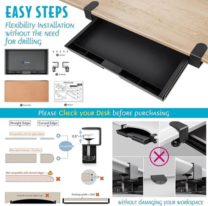 EHO Large Under Desk Slide Out Storage Drawer, Adjustable Sturdy C-Clamp Tray, 20x11.8 inch Pull Out Drawer, Smooth Sliding Rail Design for Keyboard Mouse Desk Extender Organizer for Home/Office Black