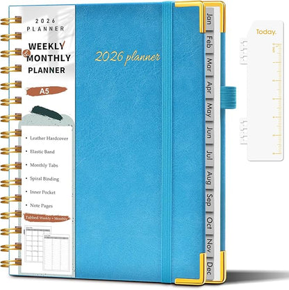 2026 Planner, Weekly and Monthly Calendar Planner from January 2026 - December 2026, 5.75" x 8.38" Hardcover Leather Hourly Appointment Book with Tabs, A5 Spiral Daily Planners for College School Work Home, Sky Blue