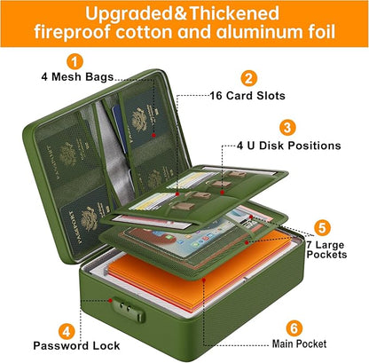 DocSafe 5200°F Document Organizer with Lock,Upgraded Heat Insulated Fireproof＆Waterproof Box 8 Layers File Organizer,Portable Home Travel Safe Storage for Important Documents, Files,Green (Soft)