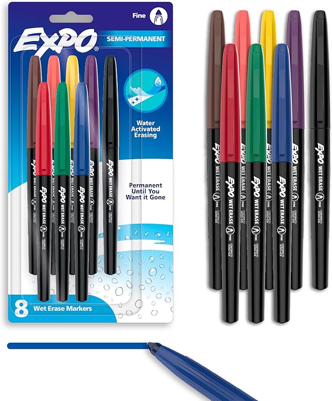 EXPO Wet Erase Markers, Semi-Permanent Markers, Assorted, Fine Tip, 8 Count