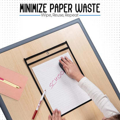 30 Pack, Black, Dry Erase Pocket Document Protectors, 10" Wide x 13.5" Tall - Dry Erase Clear Plastic Sleeves - Reusable & Easy Erase Plastic Invoice Holders, Water-Resistant & Durable