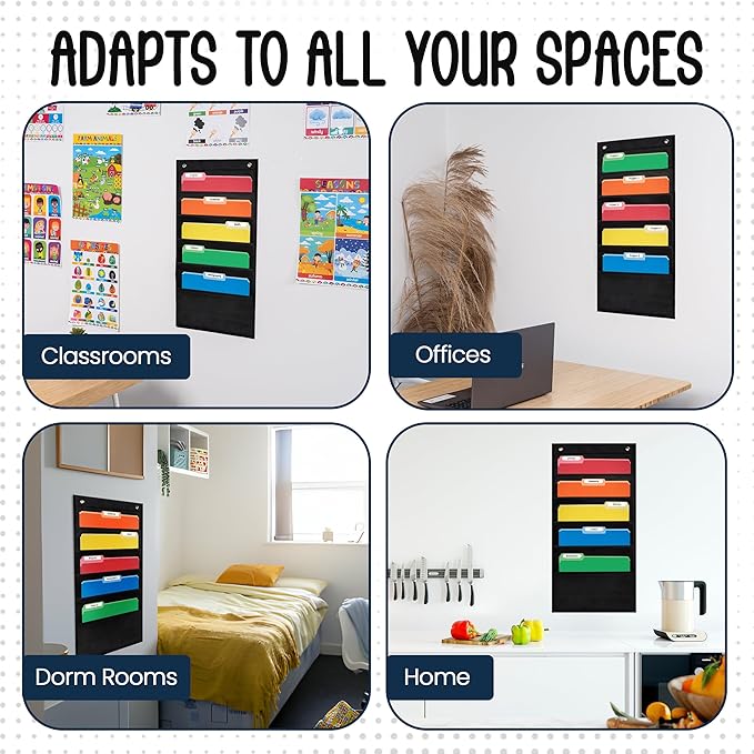 5 Pocket File Pocket Chart, Black, 14" Wide x 24" Tall - Versatile Wall Hanging File Folder Organizer for Classroom, Office, Home, and More - Wall Folder Organizer - 5 Pockets