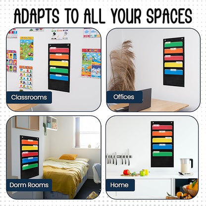 5 Pocket File Pocket Chart, Black, 14" Wide x 24" Tall - Versatile Wall Hanging File Folder Organizer for Classroom, Office, Home, and More - Wall Folder Organizer - 5 Pockets