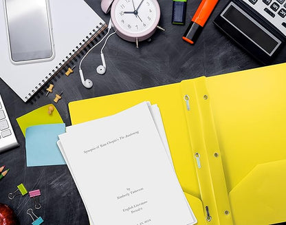 Better Office Products Yellow Plastic 2 Pocket Folders with Prongs, Heavyweight, Letter Size Poly Folders, 24 Pack, with 3 Metal Prongs Fastener Clips, Yellow