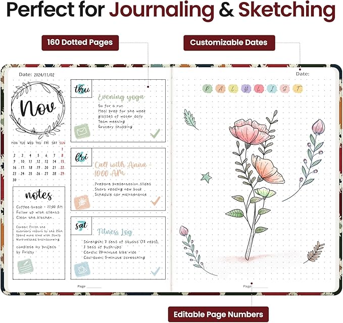 Bullet Dotted Journal Notebook for Women & Men, Hardcover Leather Journal for Writing, A5 Bullet Journaling Notebook for Work & Sketching, Perfect for Office School Home Supplies, 160 Pages, Retro Argyle