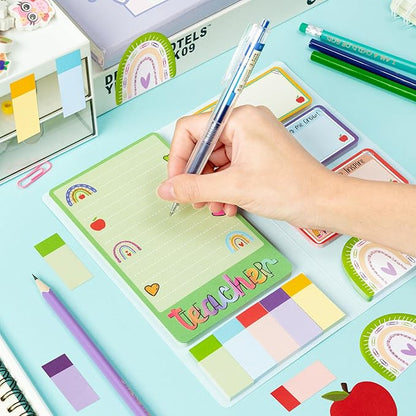 Boho Rainbow Teacher Sticky Notes Set, 550 Sheets, Thank You Teacher Self-Stick Note Pads Teacher Appreciation Gift Writing Memo Pads Page Marker Back to School Office Supplies (Color)