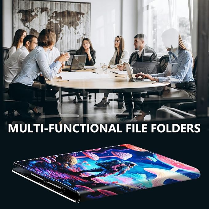 PU Leather Padfolio Folder Clipboard Portfolios Organizer Conference Document Organizer with Business Card Holder Storage Clipboard Writing Pad,Astronaut Under Mushroom