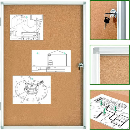 Pinboard Enclosed Bulletin Board 36 x 24 Inch Lockable Cork Noticeboard for School Office, Wall Display Case with Lock (Cork Board)