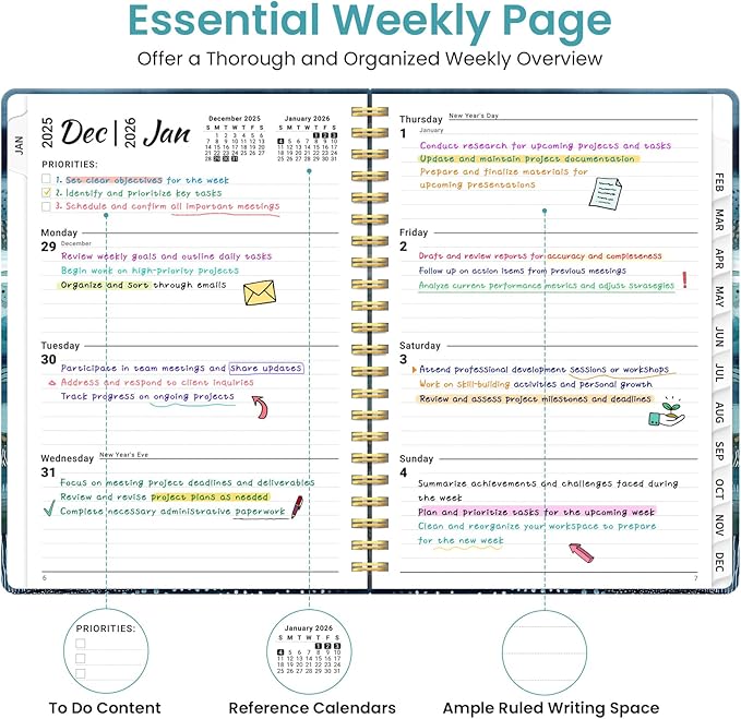 2026 Planner, Weekly and Monthly Planner for Women, January 2026 to December 2026, Pretty Hardcover 2026 Calendar Planner Book with Tabs, Inner Pocket, Spiral Bound, Perfect Office Home School Supplies - 6.3" x 8.5", Azure Drift