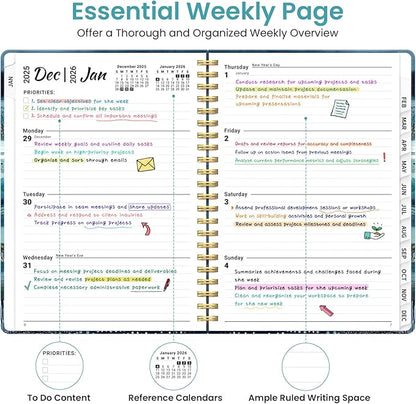2026 Planner, Weekly and Monthly Planner for Women, January 2026 to December 2026, Pretty Hardcover 2026 Calendar Planner Book with Tabs, Inner Pocket, Spiral Bound, Perfect Office Home School Supplies - 6.3" x 8.5", Azure Drift