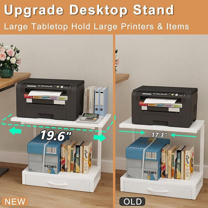 2-Tier Desktop Printer Stand with Fabric Drawer, Prtiner Table with Storage Shelf, Desk Organizer for Home Office,3D Printer,Fax Machine,Scanner, 19.6"x14.9" White