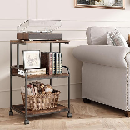 3 Tier Rolling Printer Cart with Wheels, Rustic Brown, Adjustable, Compatible with Printers, Fax Machines, Home Office, Kitchen, Living Room, Bedroom Storage Shelves