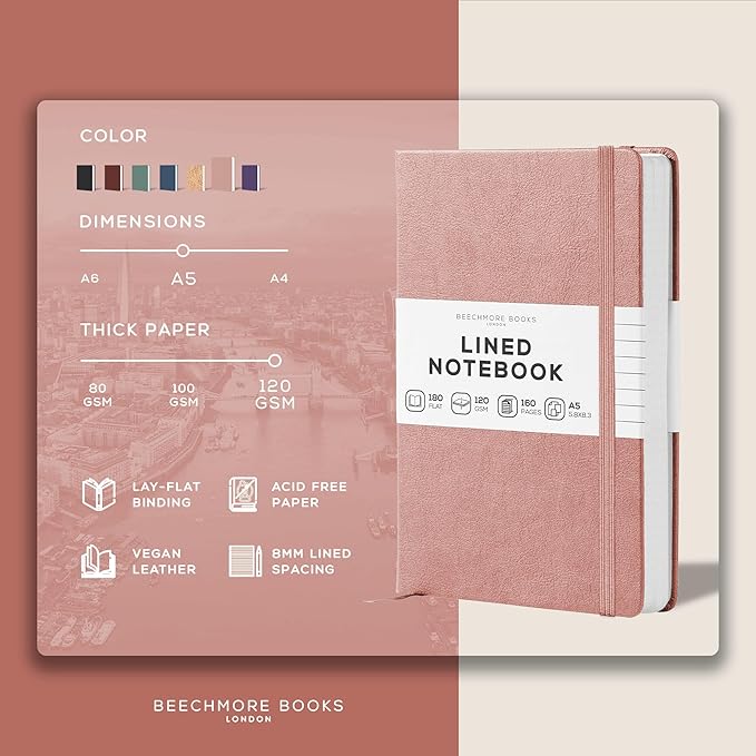BEECHMORE BOOKS Lined Journal Notebook, 5.8 x 8.3 inch, A5 160 Lined Pages, Hardcover Leather Journals for Women, Men, Writing and Notebooks for Work - 120 GSM Thick Paper, Gifts Box Included