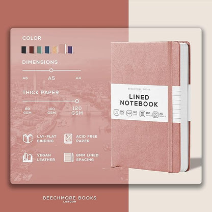 BEECHMORE BOOKS Lined Journal Notebook, 5.8 x 8.3 inch, A5 160 Lined Pages, Hardcover Leather Journals for Women, Men, Writing and Notebooks for Work - 120 GSM Thick Paper, Gifts Box Included