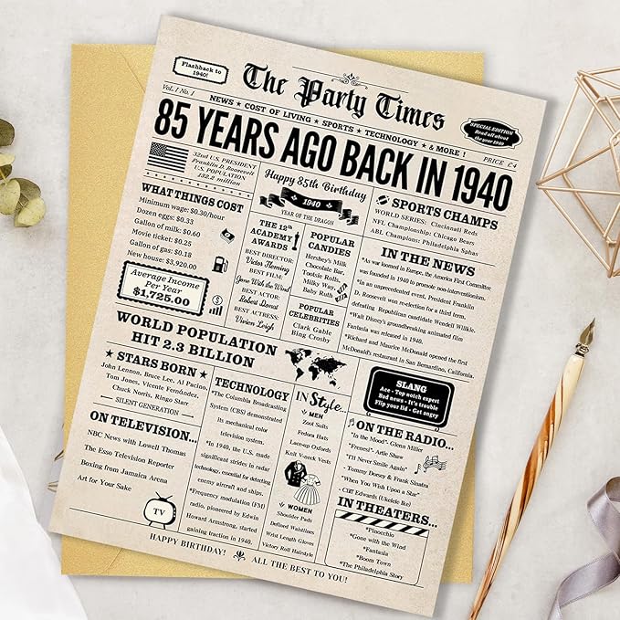 85th Birthday Card, 85th Birthday Decorations for Women Men, 85th Birthday Gifts for Grandma Grandpa, Back in 1940 Birthday Card