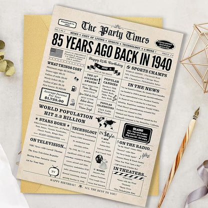85th Birthday Card, 85th Birthday Decorations for Women Men, 85th Birthday Gifts for Grandma Grandpa, Back in 1940 Birthday Card