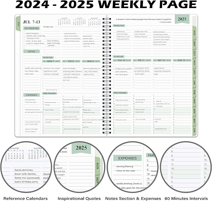2024-2025 Planner - Weekly & Monthly Planner Notepad, 11.38'' x 8.74'', JUL 2024 - JUN 2025, Appointment Book, 60 Minutes Intervals, Monthly Tabs, Sturdy Cover, Spiral Bound, Back Pockets - Black