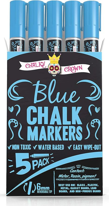 CHALKY CROWN Liquid Chalk Marker Pen - Dry Erase Marker - Chalk Markers for Chalkboard Signs, Windows, Blackboard, Glass - 6mm Reversible Tip (Blue, 5 Pack)