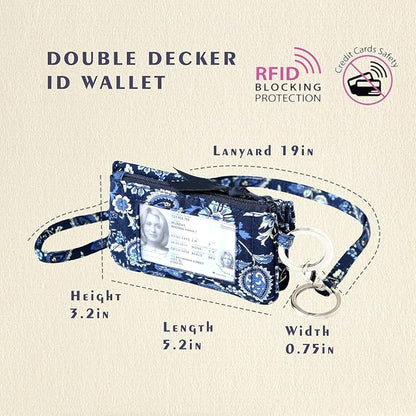 WONDERFUL FLOWER Card Holder, RFID Blocking, ID Holder with Lanyard for Women, Dual Pockets, Badge Holder, Lanyard Wallet, Fabric Keychain ID Pouch, Blue Paisley