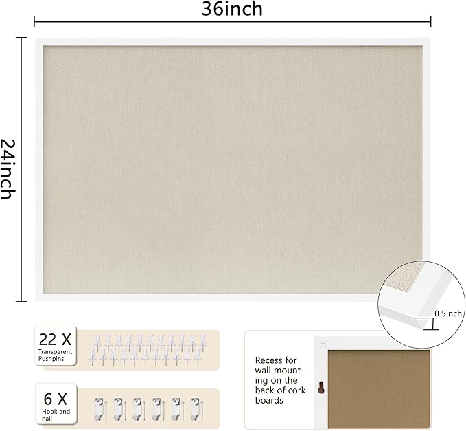 Cork Board with Linen White 2Pack,Bulletin Board 36"x24" Hanging Corkboards for Office Home School Message Board or Vision Board Decoration.