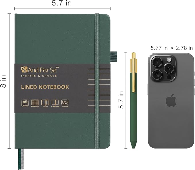 A5 Lined Leather Journal and Pen Set, Hardcover Notebook with Pen, 160 Pages 100gsm Thick Ruled Paper for Men Women, for Work, Business, School or Home Writing, 5.7'' x 8'' (Green-Set1)