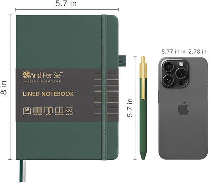 A5 Lined Leather Journal and Pen Set, Hardcover Notebook with Pen, 160 Pages 100gsm Thick Ruled Paper for Men Women, for Work, Business, School or Home Writing, 5.7'' x 8'' (Green-Set1)