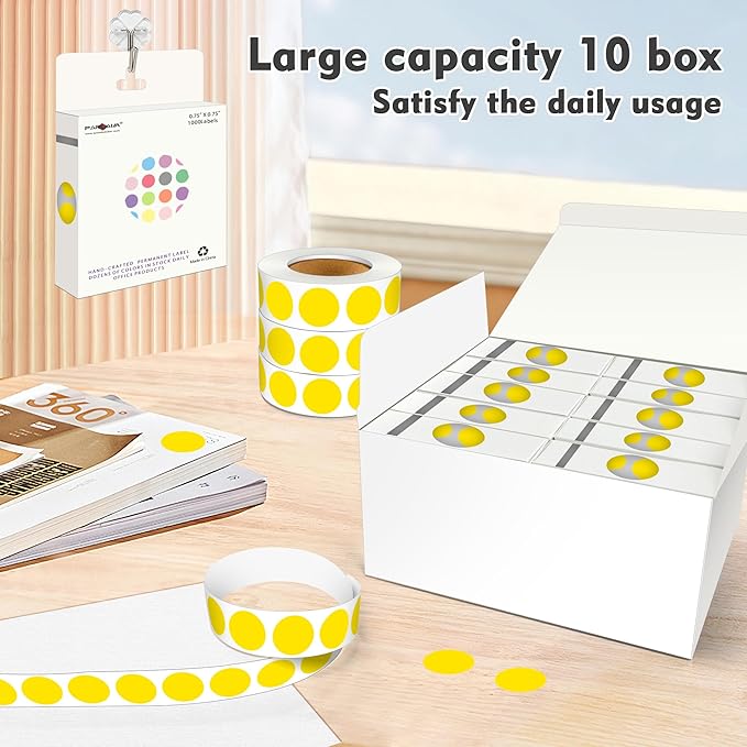 PARLAIM 3/4 Inch Roll Color Coding Labels,10000 per 10Rolls Round Permanent Adhesive Color Coding Circle Dot Stickers for Office Home (Yellow)