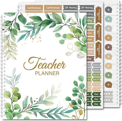 Eucalyptus Teacher Planner Undated Academic Year Teacher Lesson Planner Book Green Plants Daily Weekly Monthly Spiral Planner Checklist Organizer with Stickers for Classroom, 8.5'' x 11''