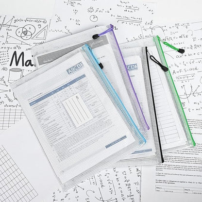 AUSTARK Plastic Mesh Zipper Pouch, 12 Pcs Zipper File Bags with Label Pocket, Game Boards Storage Bags, Waterproof Document Storage Bags for Office Home Travel Cosmetic (A4 Size 13.4 x 9.4 in)