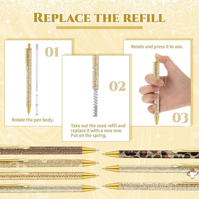 Sherr 7 Pcs Fancy Pens for Women Cute Sparkly Glitter Pens with 10 Pcs Black Ink Refills Pretty Gifts for Girls Office School Christmas Graduation(Gold,Delicate)