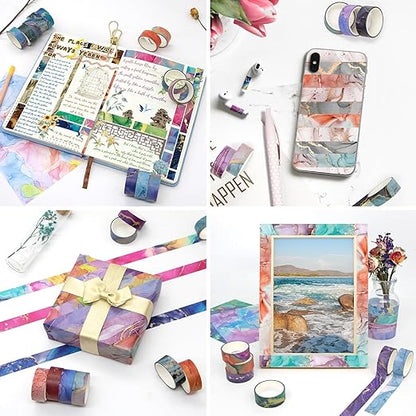 48 Rolls Washi Tape Set - Decorative Masking Tape Colored Marbling Patterns, Adhesive Artists Tapes for Journaling Supplies, DIY Crafts, Scrapbooking, Junk Journal Supplies, School Supplies