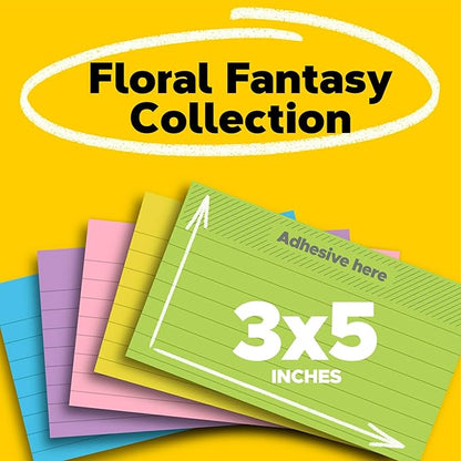 Post-it Notes, 3 in x 5 in, 5 Lined Sticky Notes Pads, 100 Sheets per Pad, Floral Fantasy Collection, School Supplies and Oﬃce Products