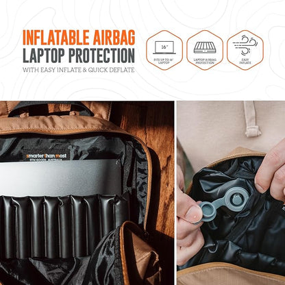 STM BagPack - Lightweight Travel Backpack - Inflatable Laptop Protection for up to 16" Laptop - Compact Self Contained Storable Bag, Water Resistant, Use as a Daypack or Everyday Pack - coffee brown