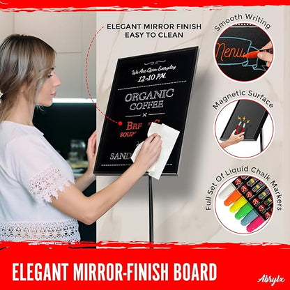 ABRYLX Magnetic Chalkboard Sign with Adjustable Aluminum Pedestal Stand - 30x45cm Black Chalk Board for Weddings, Restaurants, and Events Stand with 6 Liquid Chalk Markers Included
