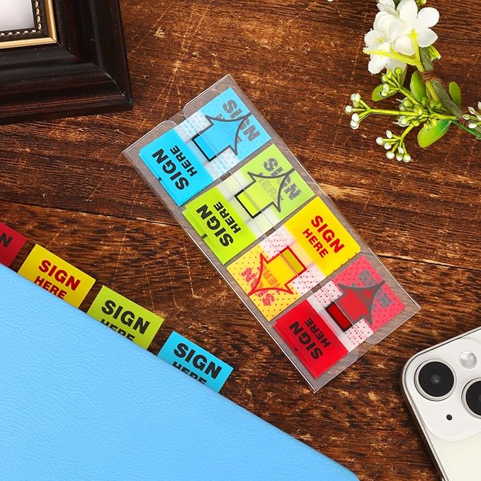 500pcs Sign Here Stickers, Arrow Labels Stickers Adhesive Sign Here Tabs Sign Post Here Flags for Documents Notebooks Home Office School Supplies (4 Colors)