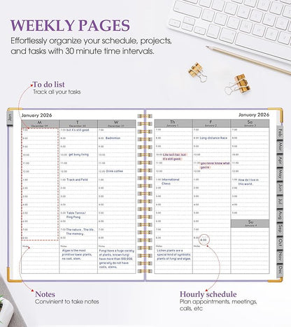 2026 Planner, Weekly and Monthly Calendar Planner from January 2026 - December 2026, 5.75" x 8.38" Hardcover Leather Hourly Appointment Book with Tabs, A5 Spiral Daily Planners for College School Work Home, Purple