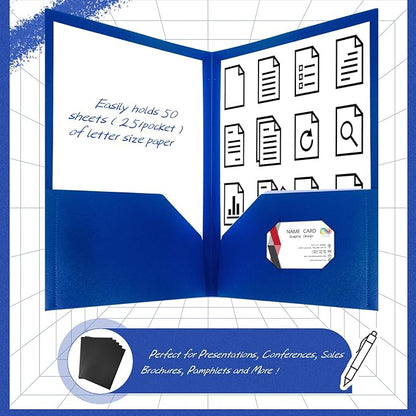 Patelai 50 Pack Pocket Folders Bulk 2 Pocket Heavy Duty Plastic Folders with Pockets Letter Size Folders Business Card Holder for School Office File (Blue)