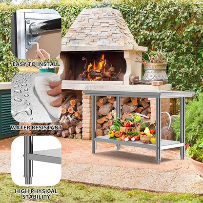 Stainless Steel Table for Work, 24 x 48 Inches Stainless Steel Prep Table with Backsplash,Adjustable Undershelf Stainless Steel Table for Commercial Kitchen, Outdoor, Restaurant, Hotel & Garage