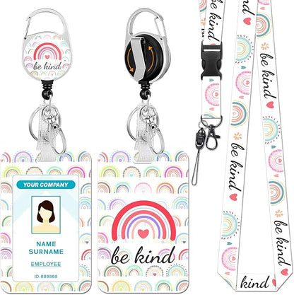 Lanyards for Id Badges, Rainbow Be Kind Badge Holder with Retractable Reel Clip, Cute Work Name Tags Keychain Lanyard ID Card Protector Cover Case for Women Teacher Nurse Doctor Office
