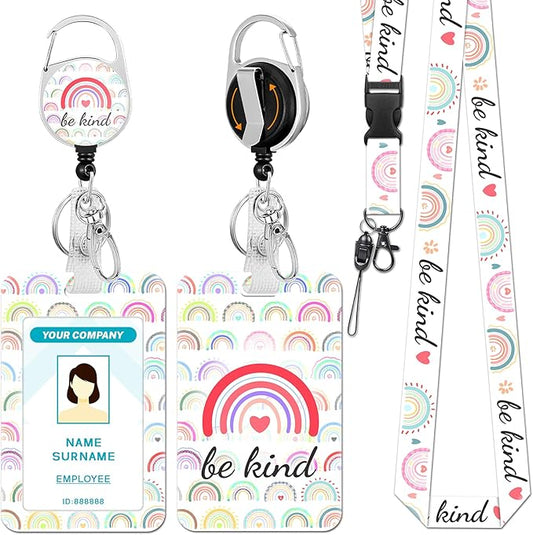 Lanyards for Id Badges, Rainbow Be Kind Badge Holder with Retractable Reel Clip, Cute Work Name Tags Keychain Lanyard ID Card Protector Cover Case for Women Teacher Nurse Doctor Office