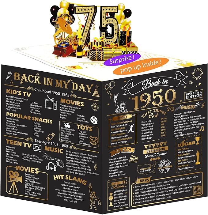 75th Birthday Card for Men Women, Funny 3D Pop Up 75th Birthday Gifts for Grandma Mom Dad, Back In 1950 Happy 75 Year Old Birthday Decorations Cards for Her Him