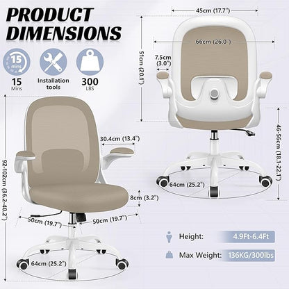 Office Chair Ergonomic Desk Chair with Adjustable 3D Lumbar Support and Height, Comfy Mesh Computer Chair with Flip-up Armrests, Swivel Rolling Task Chair with Wheels for Home Office (Khaki)