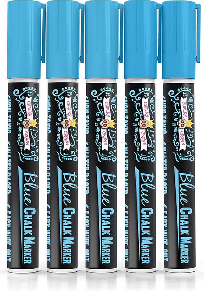CHALKY CROWN Liquid Chalk Marker Pen - Dry Erase Marker - Chalk Markers for Chalkboard Signs, Windows, Blackboard, Glass - 6mm Reversible Tip (Blue, 5 Pack)