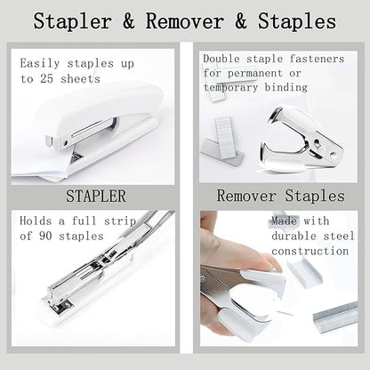 White Office Desk Accessories Supplies, 12pcs Desk Organizers and Accessories with Tape dispenser and Stapler,Staples,Staple Remover,Pen Holder,Scissor,Ruler,Sticky Tabs,Tape,Ballpoint Pen,Clips Set