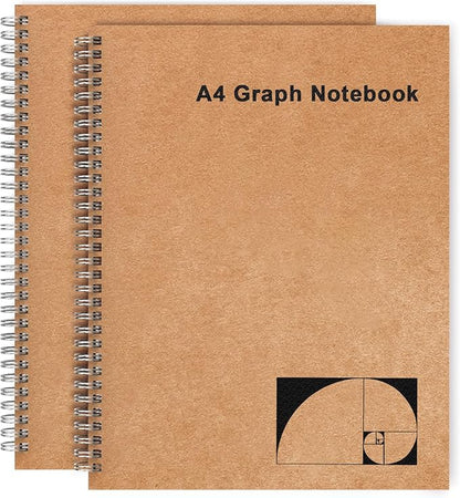 A4 Graph Paper Notebook, 2 Pack Large Spiral Grid Notebook, 200 Pages 100gsm Thick 5mm Square Paper Quad Notebook for Engineering, Math, Taking Notes, Drawing - Kraft Brown Cover, 8.5" x 11"