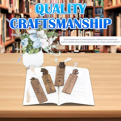 Cat Bookmark – Set of 4 Wooden Bookmarks with Tassels, Made from Walnut Wood,Funny Bookmark Gift for Men and Women, Novelty Gag Bookmark for Book Lovers,Christmas Stocking Stuffer