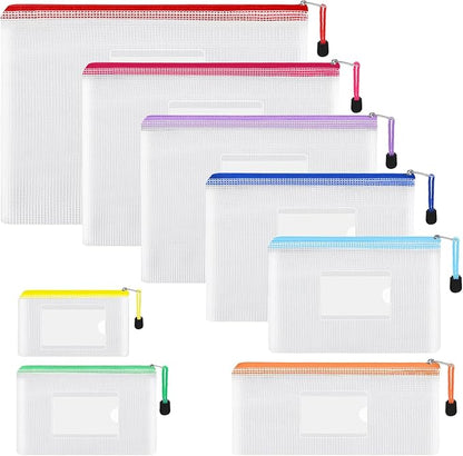EOOUT 8pcs Mesh Zipper Pouch, Zipper Pouches for Organizing, 8 Sizes Waterproof Zipper Bags, 8 Colors Waterproof Plastic, for Travel Storage, Office Appliances
